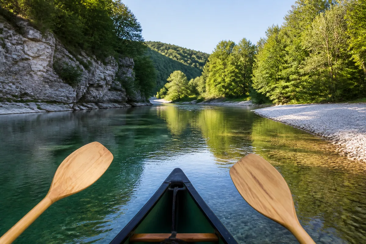 Canoë vu de l’arrière glissant sur une rivière calme bordée de falaises calcaires