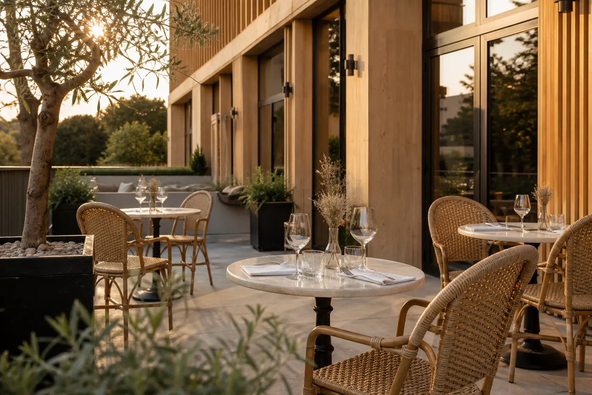 Chaises bistrot en rotin synthétique sur une terrasse de restaurant au style épuré
