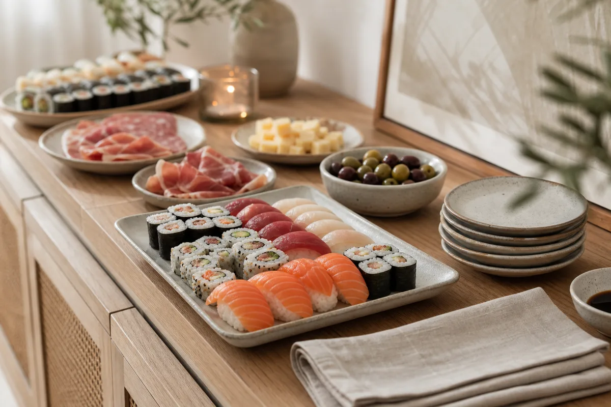 Buffet de sushis et mets apéritifs dressés pour un repas de groupe