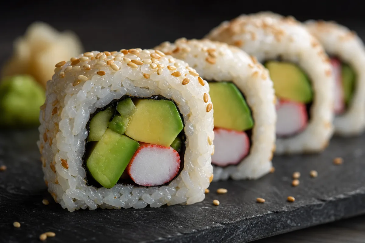 Gros plan sur des california rolls fraîchement coupés