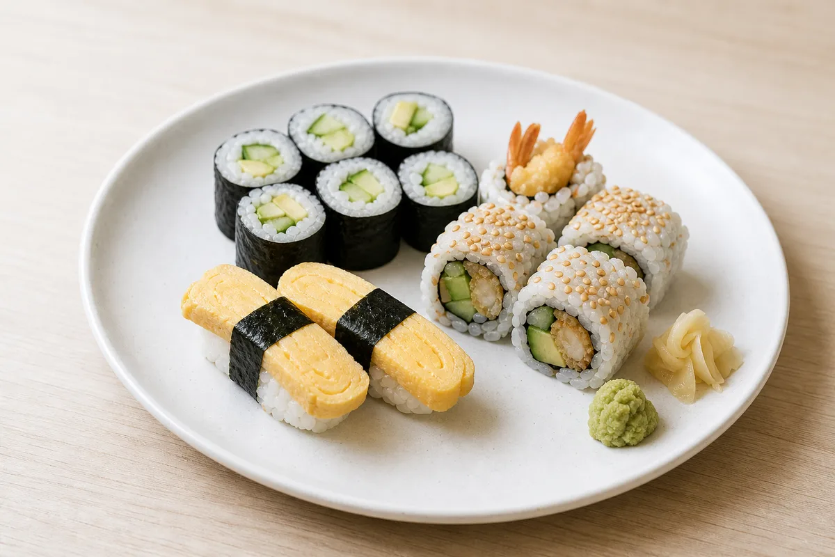 Assortiment de sushis cuits et végétariens sur assiette blanche