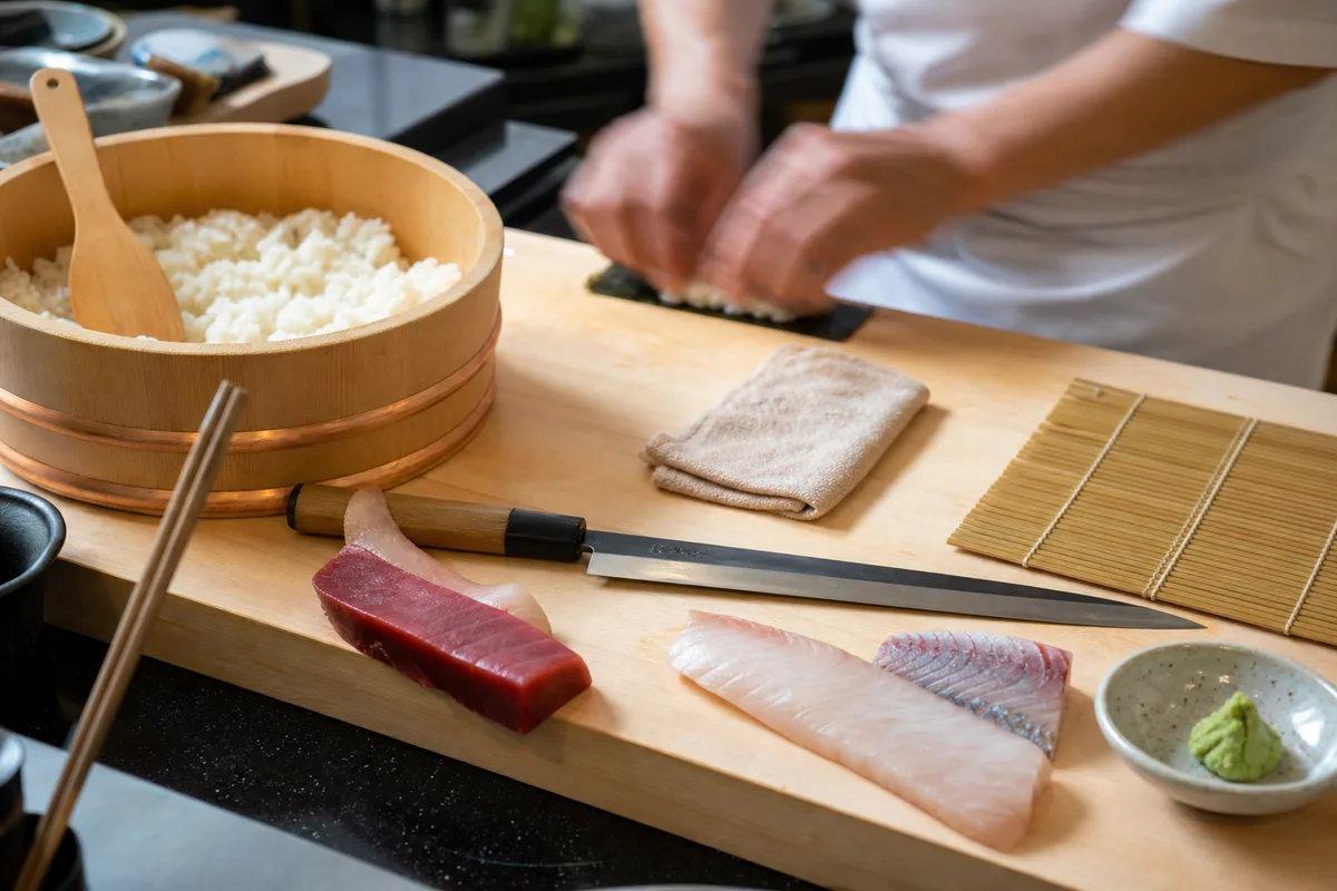 Comptoir de préparation de sushis avec poissons frais et riz vinaigré