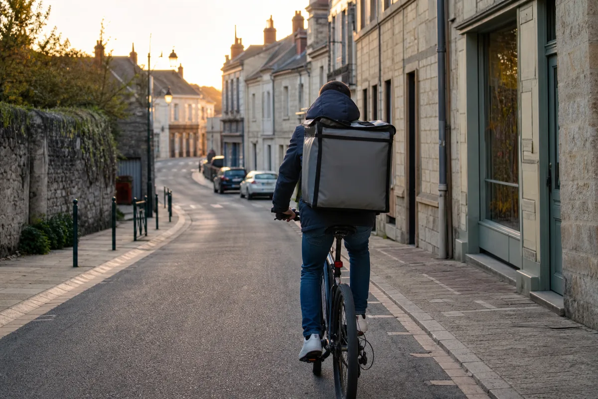 Livreur à vélo transportant un sac isotherme de plats japonais en centre-ville