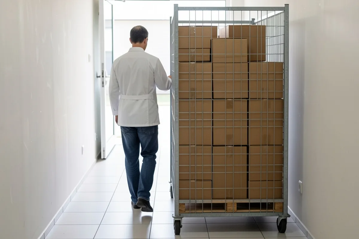 Roll de manutention chargé de cartons poussé dans un couloir de service vers la réserve