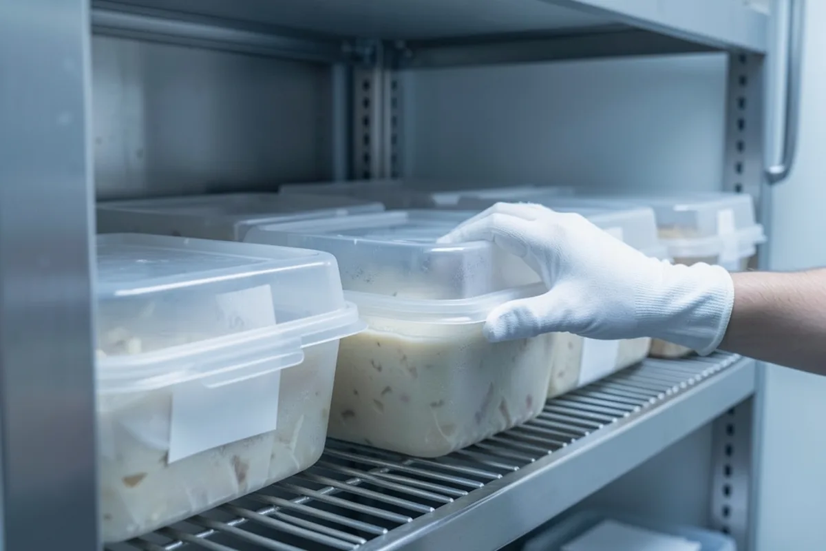 Mains gantées rangeant des bacs alimentaires à couvercle sur une étagère inox en chambre froide