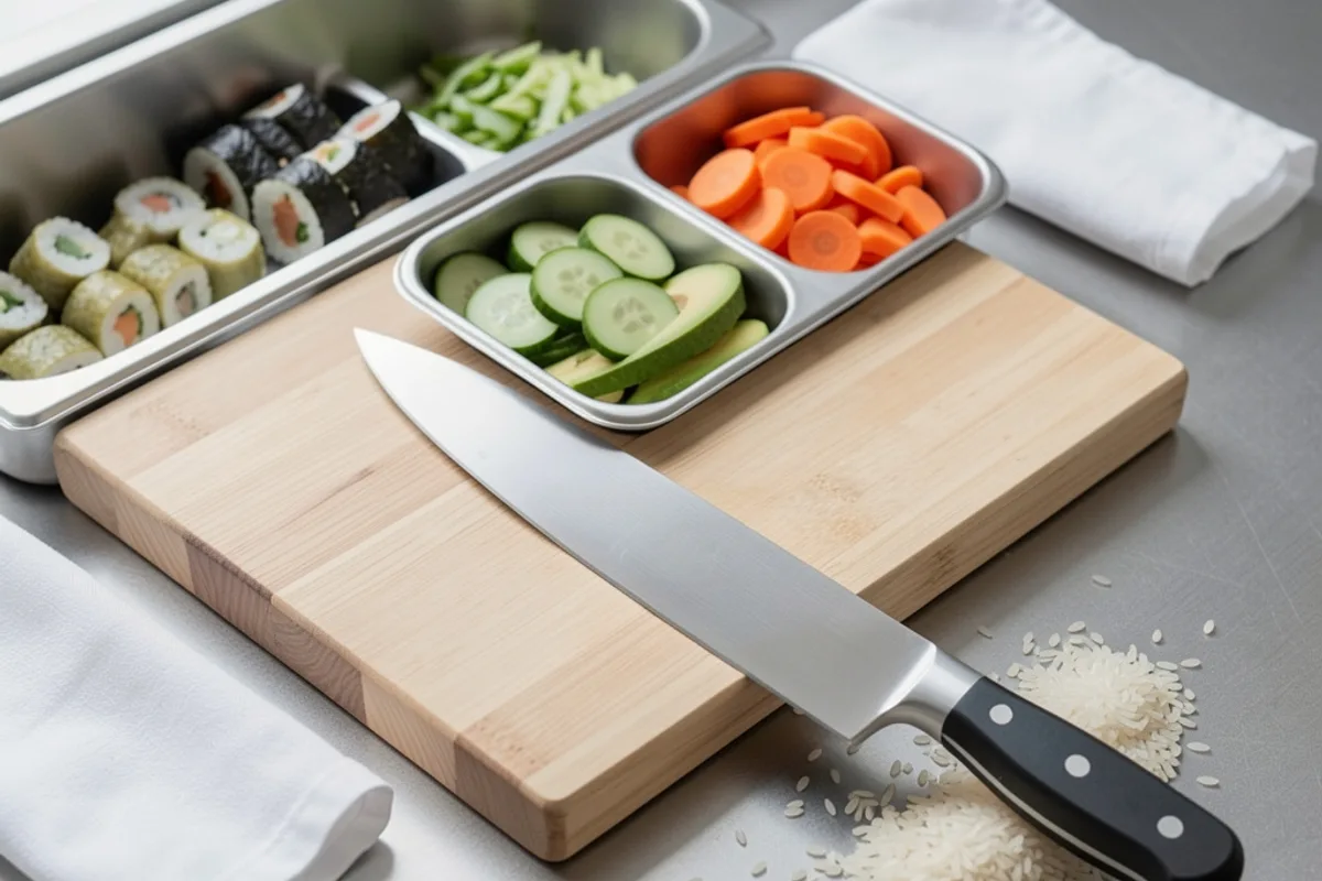 Poste de préparation de sushis en inox avec couteau japonais posé sur une planche claire