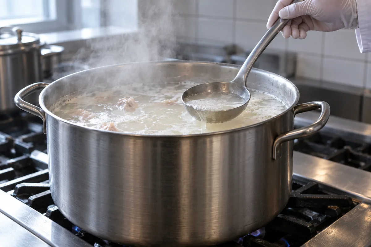 Grande marmite de bouillon qui frémit sur un feu de cuisine professionnelle