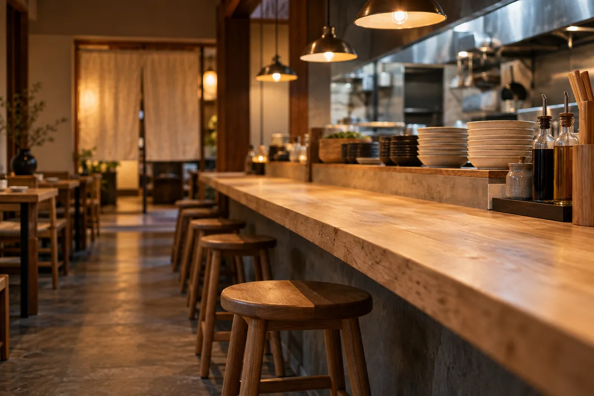 Comptoir de bar à ramen avec tabourets alignés face à une cuisine ouverte