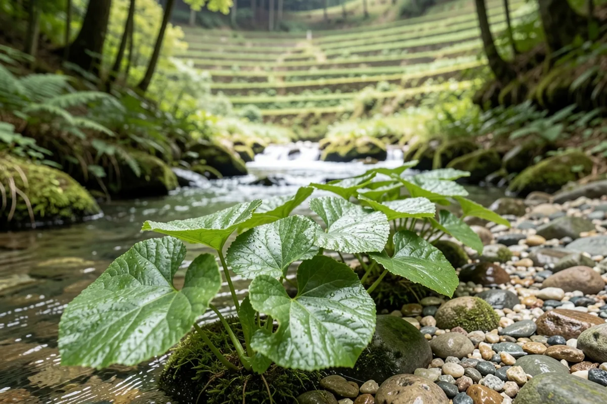 Plants de wasabi aux larges feuilles en forme de cœur dans un ruisseau de montagne