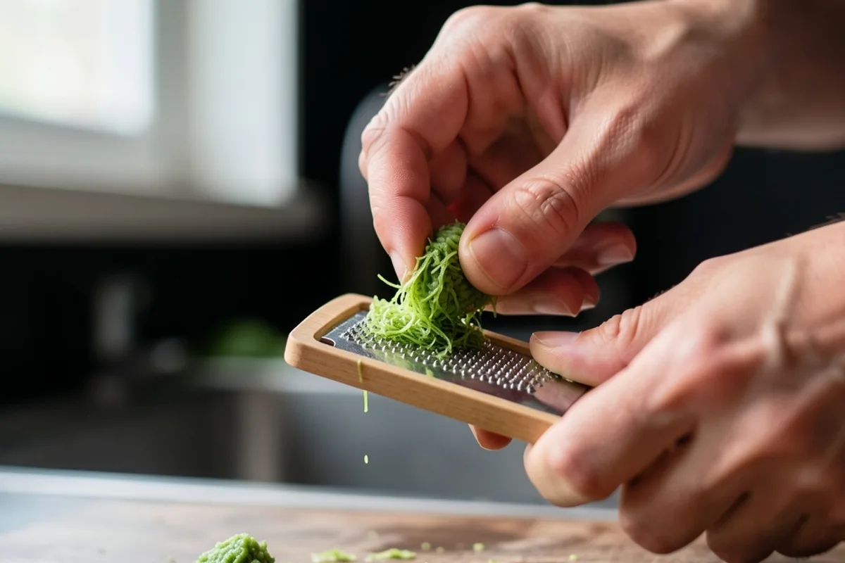 Mains qui râpent un rhizome de wasabi sur une petite râpe traditionnelle japonaise