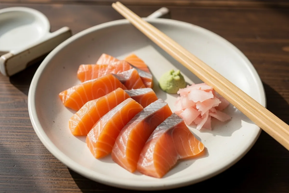 Assiette de sashimis de saumon et de daurade avec une pointe de wasabi et du gingembre mariné